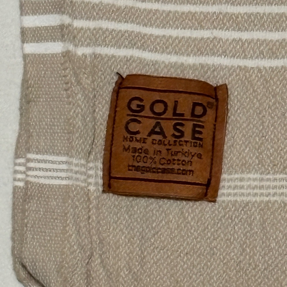 Gold Case Turkish Hand Towel Unisex OS Tan White Striped Cotton Fringe Farmhouse - Picture 2 of 4